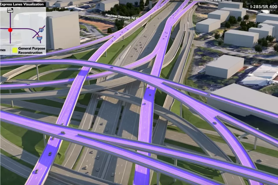Rendering of proposed express lanes on I-285 in Atlanta, Georgia highlighted in bright purple.